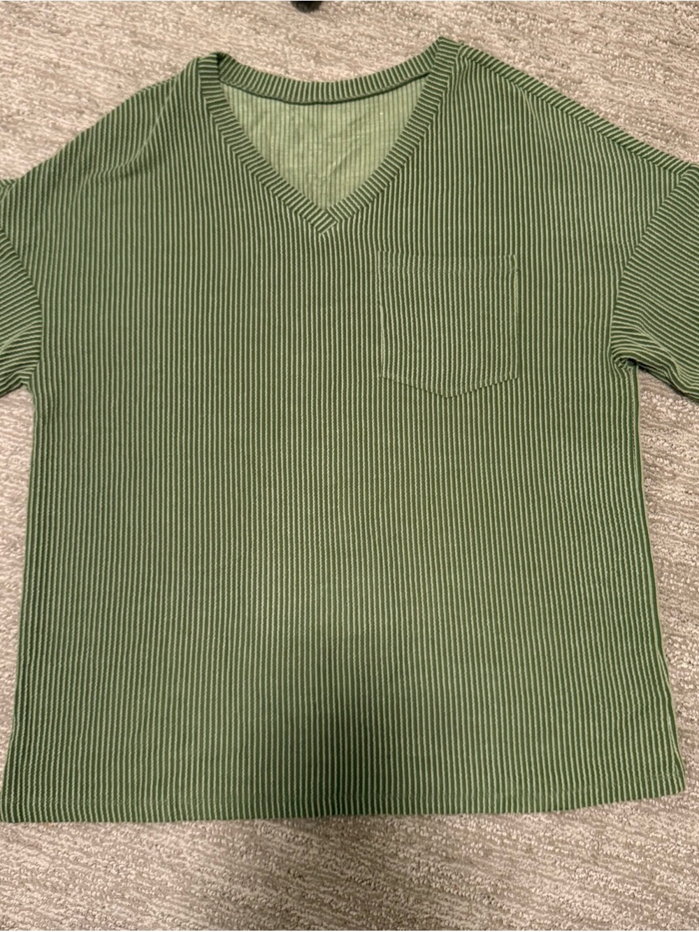 SHEIN Green Striped V-Neck Short Sleeve Pocket Tee